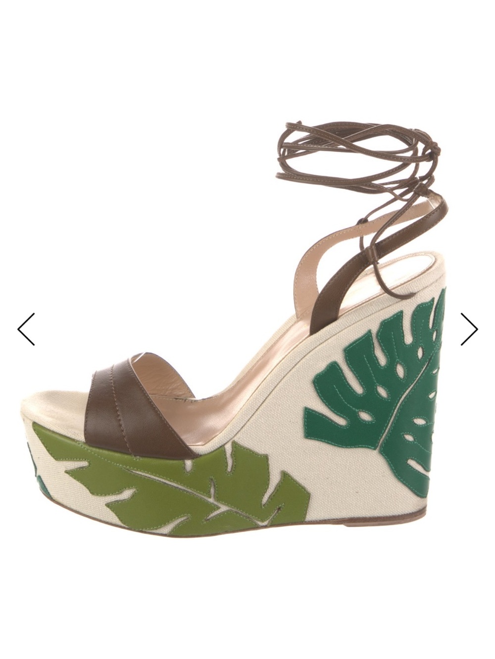 Gianvito Rossi Brown Ankle-Tie Wedge with Green Leaf Appliqué